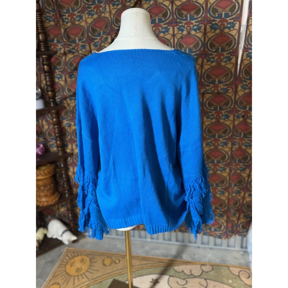Umgee‎ USA Blue Knit Sweater with Fringe Bell Sleeves - Size M